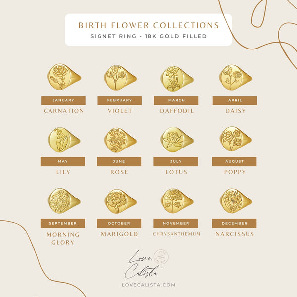 Birth Flower Signet Ring - 18k Gold Filled