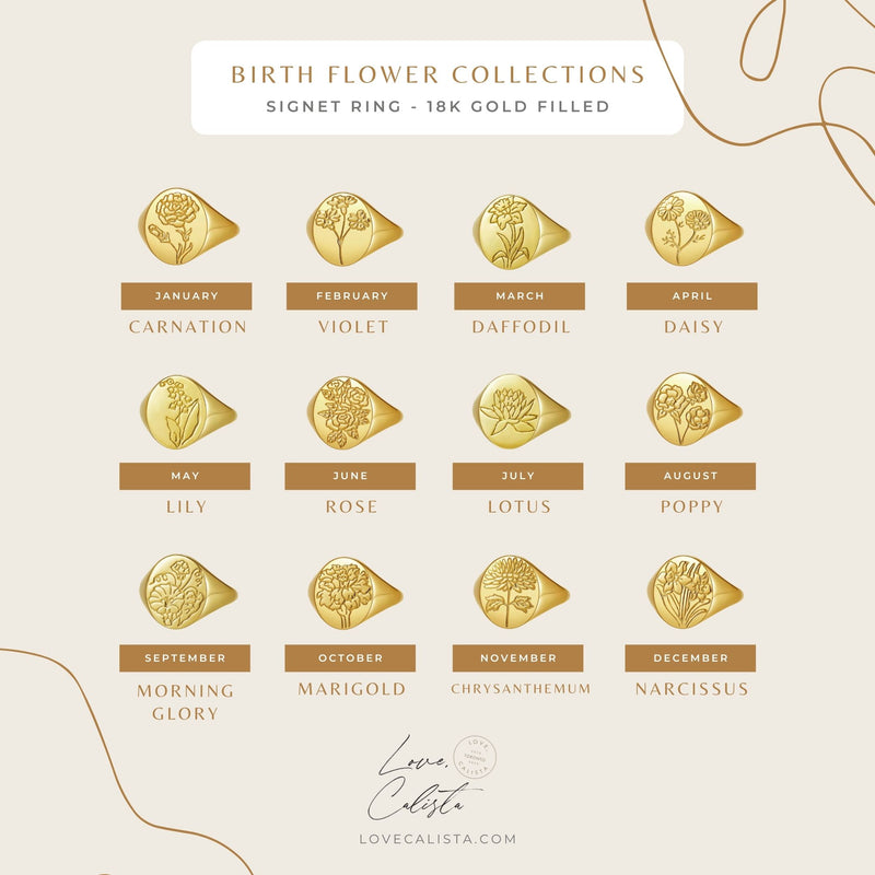 Birth Flower Signet Ring - 18k Gold Filled